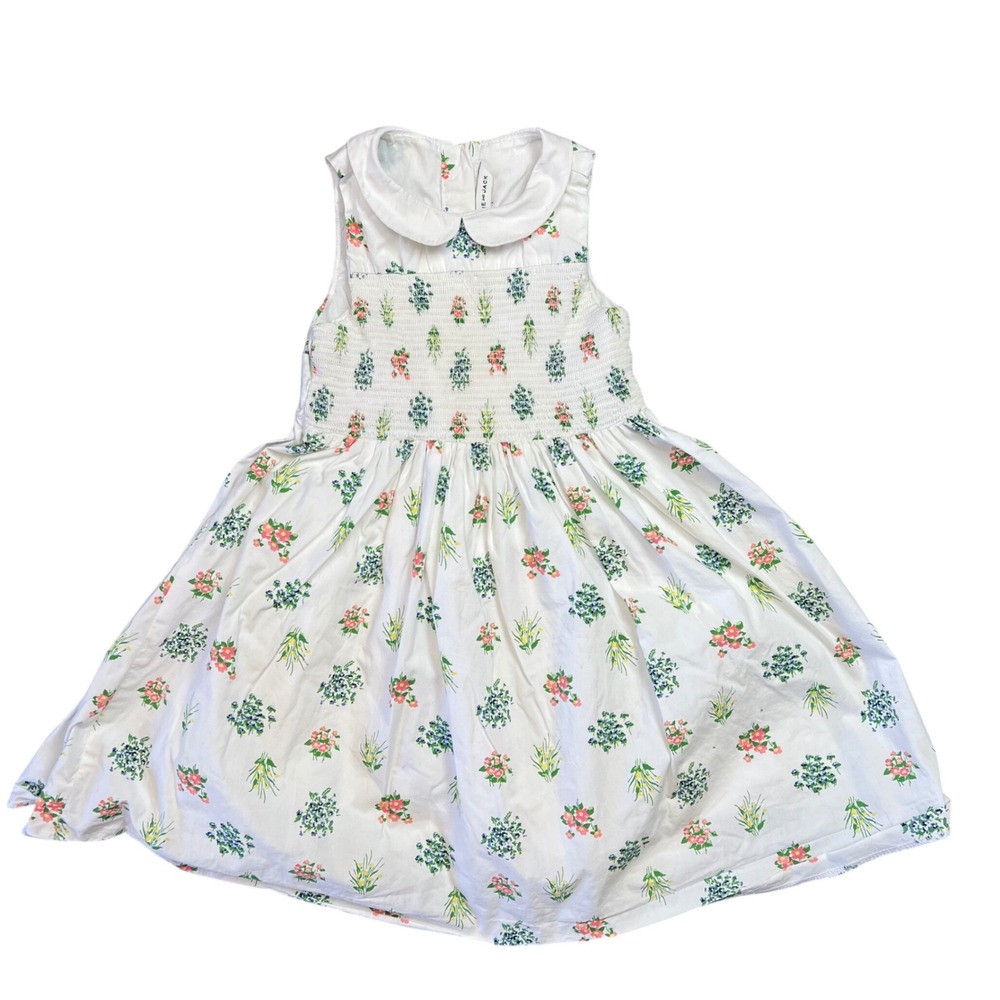 Janie and Jack Girls White Floral Smocked Dress Peter Pan Collar Back Bow Size 4